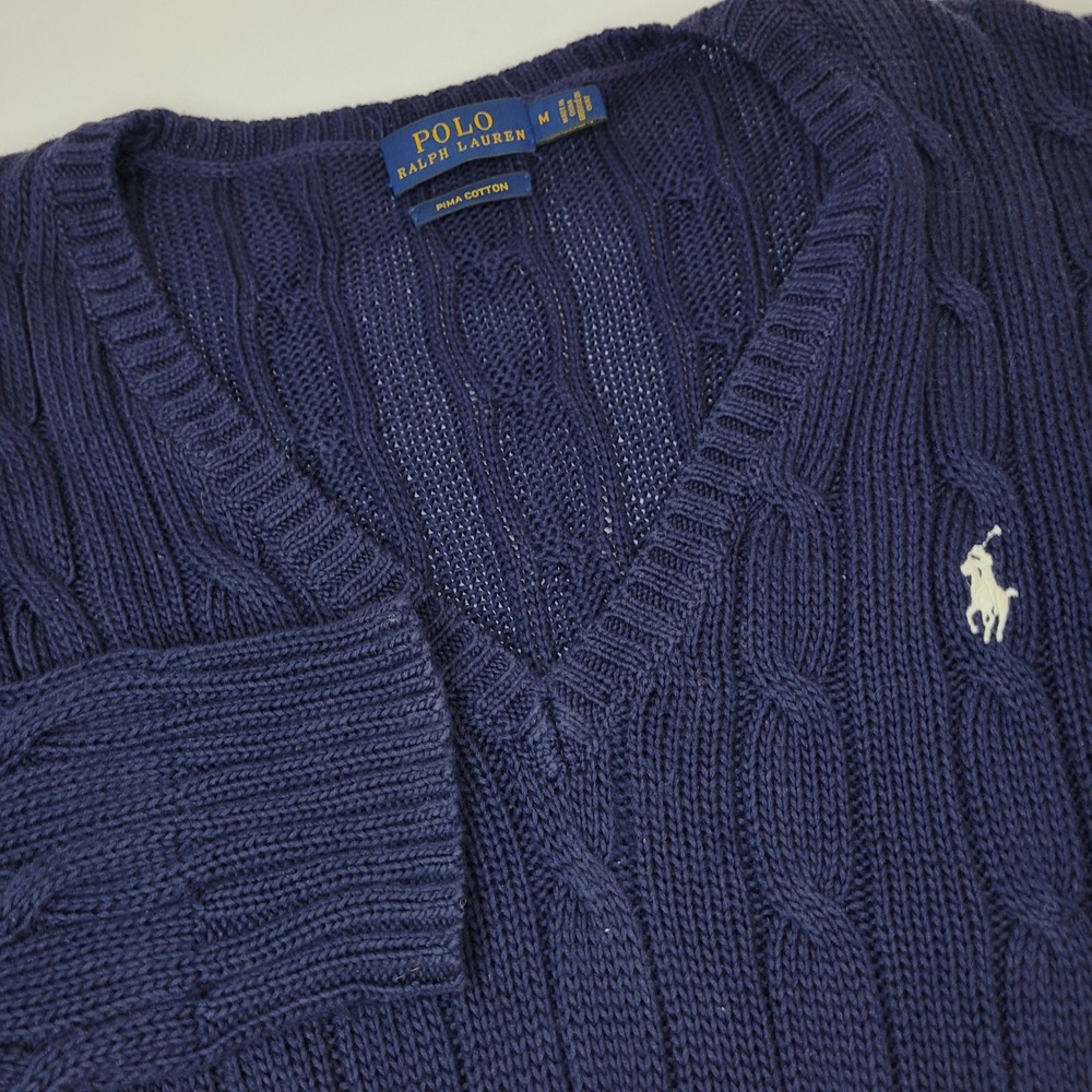 Polo Ralph Lauren Cable Knit Sweater Womens Medium Navy Blue Pima Cotton V-Neck